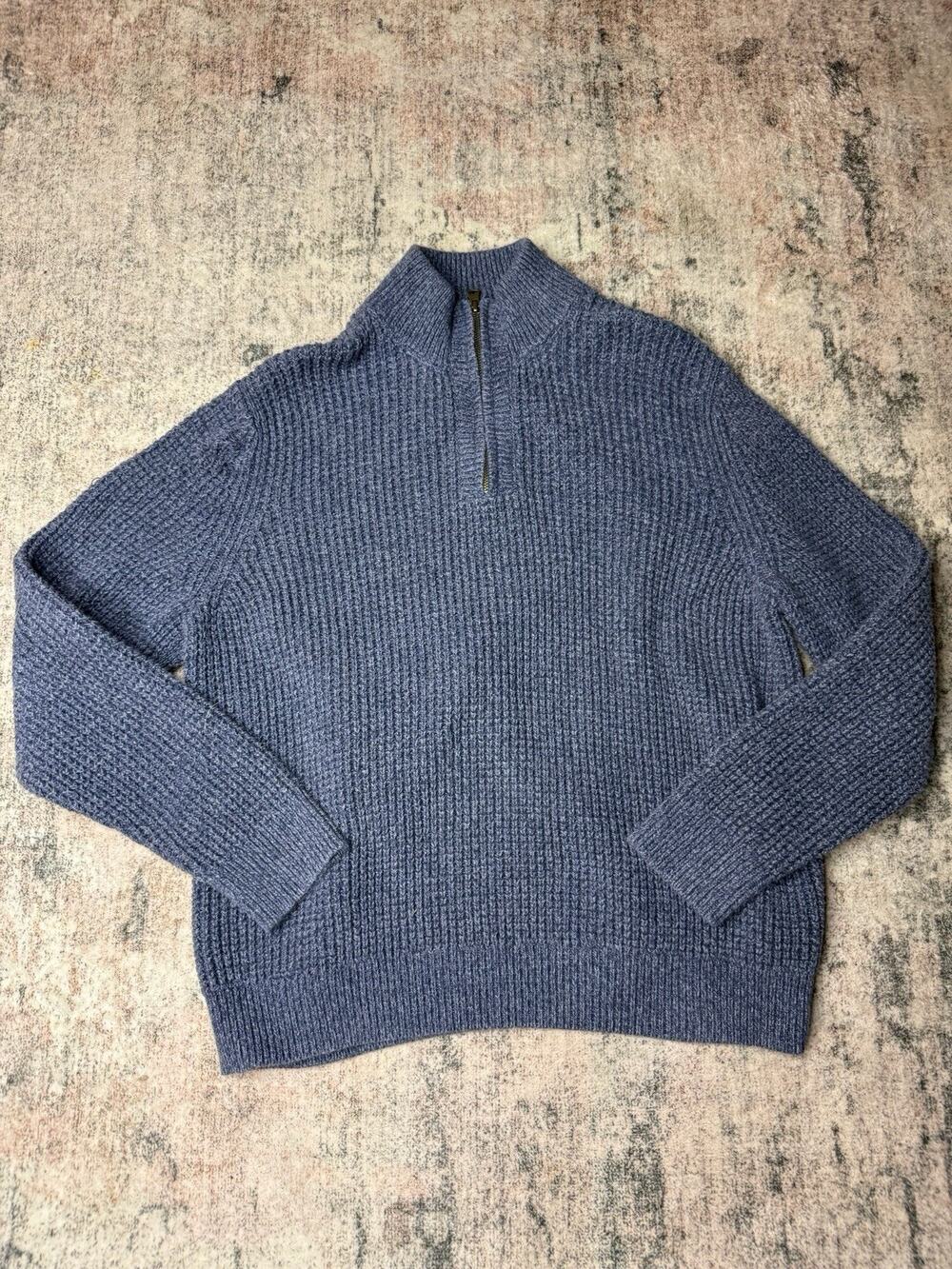 LL Bean Organic Cotton Waffle Knit Quarter Zip Sweater Mens M Blue